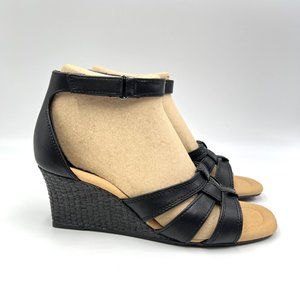 Clarks Womens Kyarra Joy Black‎ Leather Wedges Sandals Shoes 7M